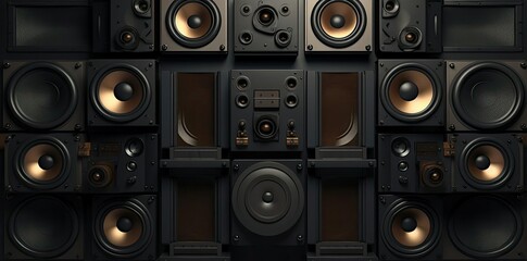 Obraz premium speaker texture on a black background a row of speakers arranged from left to right, including a large speaker, a small speaker, a speaker with a white stripe, and a smaller speaker with a