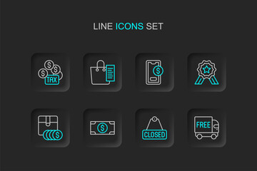 Set line Free delivery service, Hanging sign with text Closed, Stacks paper money cash, Item price tag dollar, Stars rating, Mobile, Shopping list and Tax payment icon. Vector