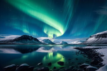 aurora borealis illuminating snow covered fjord landscape in vibrant hues