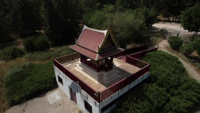 Aerial Panning Shot Of Famous Buddhist Temple , Ben Shemen Forest, Israel