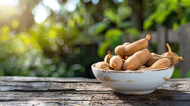 tamarind in a bowl in a white bowl on a wooden table. Selective focus