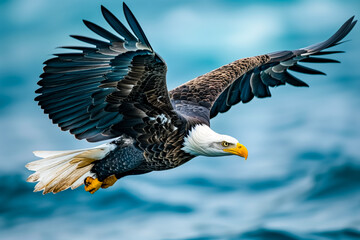 Fototapeta premium Close up of a bald eagle flying over the water surface of a lake