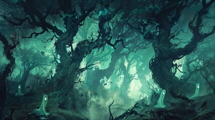 Naklejka premium Halloween Sale Banner with Spooky Forest Background and Floating Ghosts for Promotional Design