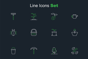 Set line Seeds of specific plant, Fruit tree, Pickaxe, Bucket, Scarecrow, Plant in pot, Wicker basket and Colorado beetle icon. Vector