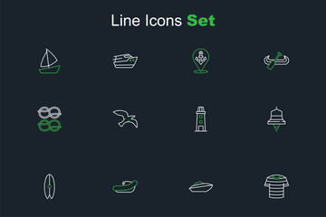 Set line Striped sailor t-shirt, Speedboat, Inflatable with motor, Surfboard, Ship bell, Lighthouse, Bird seagull and Nautical rope knots icon. Vector