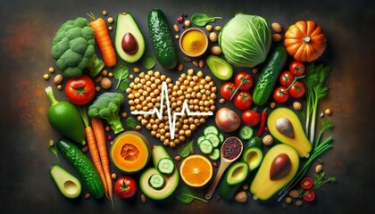 health background from a cardiogram line, heart shape from seeds, grains, greens among bright vegetables, chickpeas, carrots, broccoli, avocado, cucumbers, pumpkin, tomatoes.