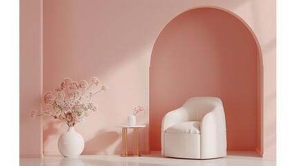 Elegant Peach Pink Room with Arched Wall, White Armchair, and Blooming Flowers. Cozy and Stylish Interior Design Concept.