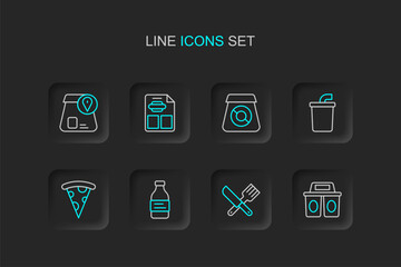Set line Coffee cup to go, Crossed knife and fork, Bottle water, Slice pizza, Paper glass with, Online ordering food, Restaurant cafe menu and icon. Vector