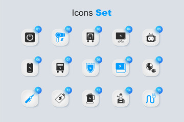 Set Electrician, meter, Hair dryer, Soldering iron, plug, Global energy planet with, Power button and Lightning and shield icon. Vector