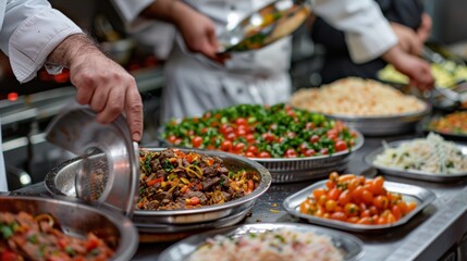 Obraz premium Detailed view of an iftar meal being prepared in a kitchen, with hands arranging food on platters