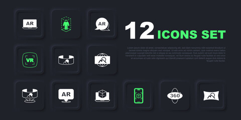 Set 360 degree view, Wide angle picture, 3d modeling, Virtual reality, Augmented AR, and icon. Vector