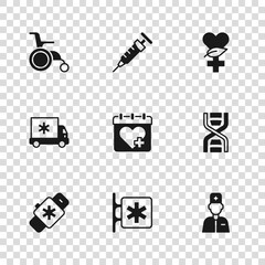 Set Emergency - Star of Life, DNA symbol, Male doctor, Doctor appointment, Ethnoscience, Wheelchair for disabled person, Syringe and Ambulance car icon. Vector