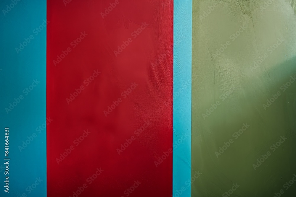 Poster minimalist image depicting three walls painted in red, turquoise and green, creating a simple and mo
