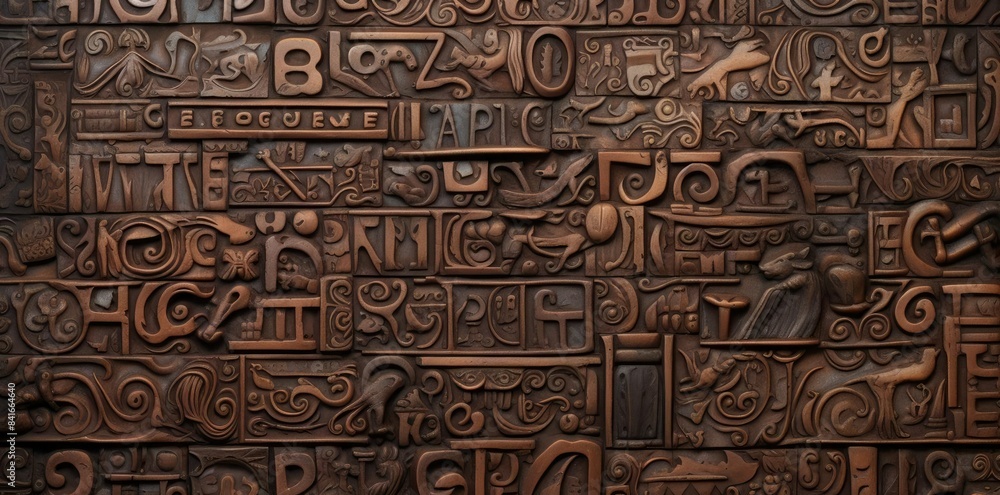 Poster font texture of a brown wooden wall with a pattern of letters and numbers