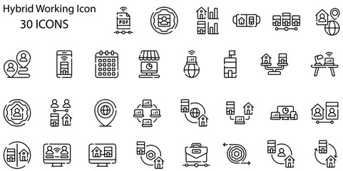 Hybrid working linear icons set. Telework and in office schedule. Customizable thin line symbols. Isolated vector outline illustrations. Editable stroke. Quicksand-Light font used
