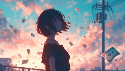 Charming anime girl on a bridge at sunset, money bills in the air, white background, perfect for professional and creative financial content