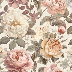Vintage Style Floral Seamless Pattern with Roses, Peonies, and Lilies on Light Pastel Background