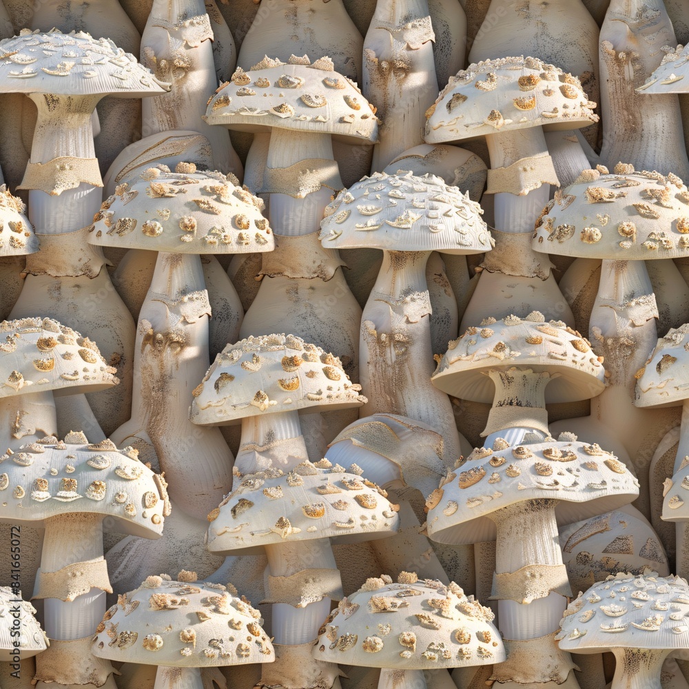 Aufkleber seamless pattern of 3d-rendered mushrooms in a natural setting, arranged in neat rows to create a co