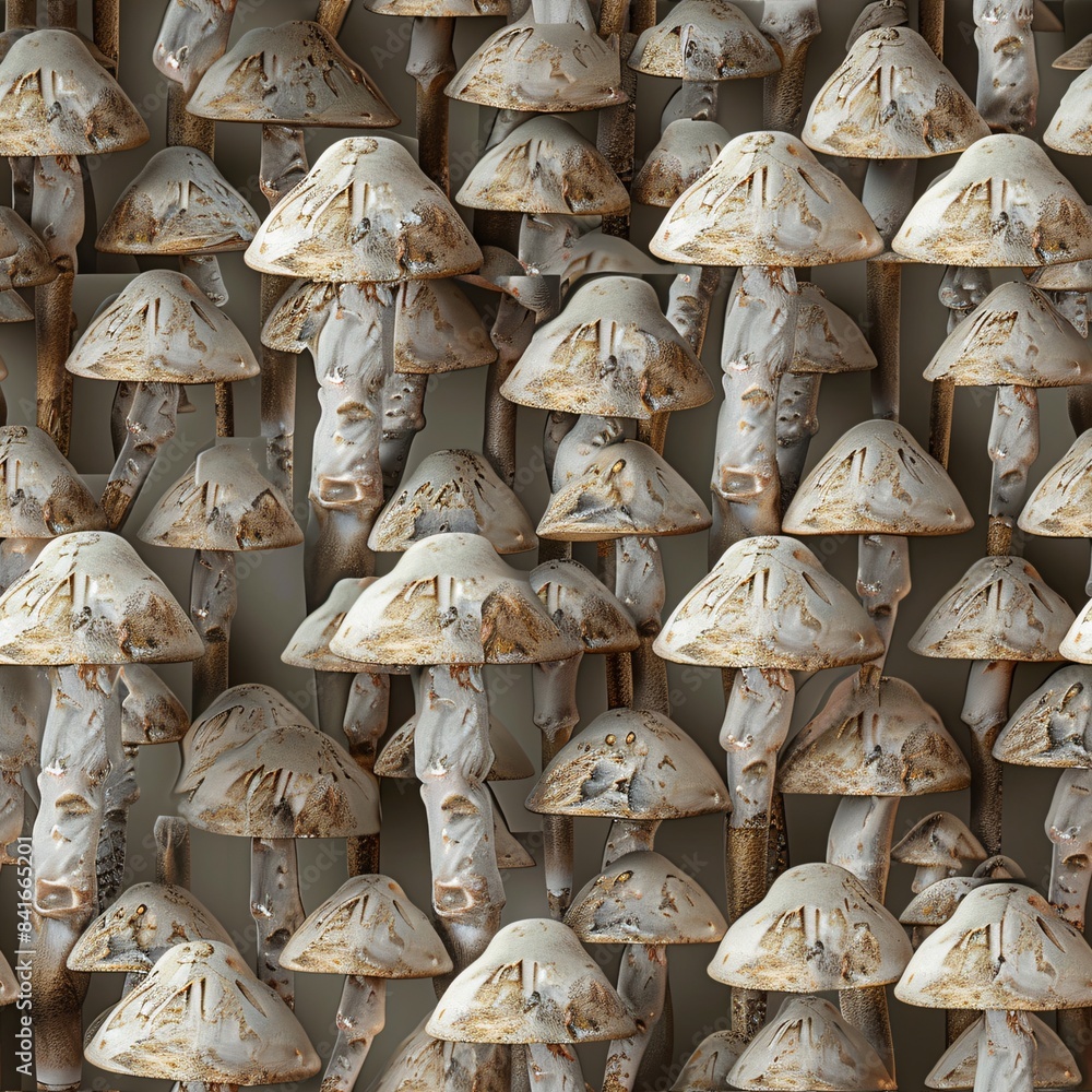 Aufkleber seamless 3d render of mushrooms, arranged in uniform rows to create a nature-inspired pattern design