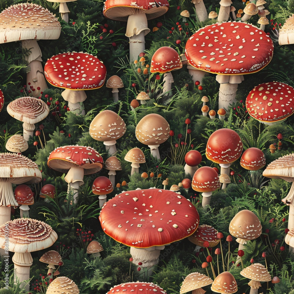 Poster detailed 3d render of various mushrooms in a natural environment, laid out in rows for a seamless pa