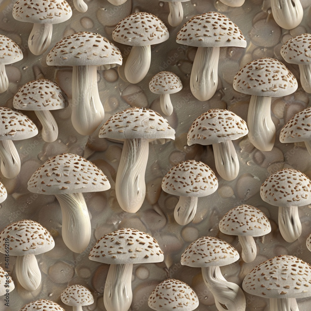 Aufkleber 3d render of mushrooms in a natural setting, organized in rows to form a seamless pattern perfect fo