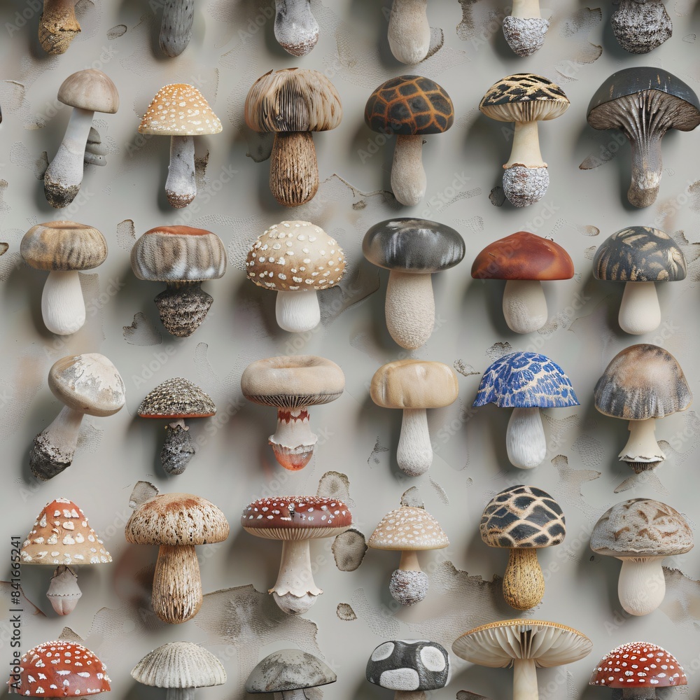 Aufkleber a collection of natural-themed 3d-rendered mushrooms, arranged in rows to create a seamless pattern