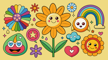 Fototapeta premium Groovy hippie 70s set. Funny cartoon flower, rainbow, peace, Love, heart, daisy, mushroom etc. Sticker pack in trendy retro psychedelic cartoon style. Isolated vector illustration. Flower power.