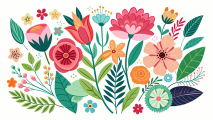 Floral collection with leaves, flower bouquets. Vector flowers. Spring art print with botanical elements. With Easter. Folklore style. Posters for spring holiday. Icons isolated on white background.