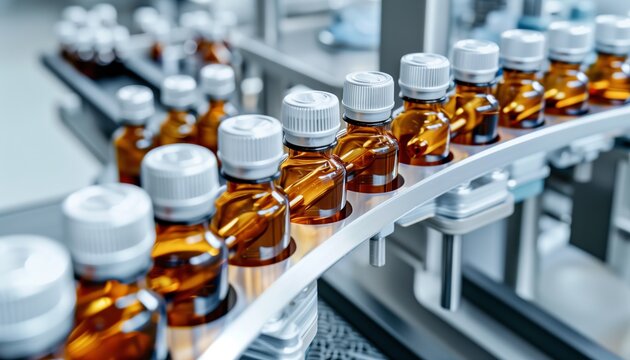 Imbottigliamento e confezionamento di prodotti medicali sterili. Linea di produzione nell'industria farmaceutica.