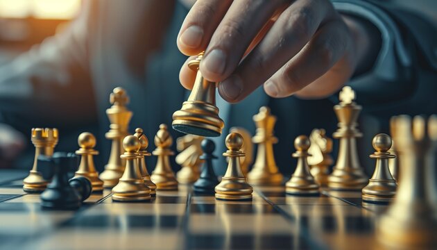 Primo piano della mano di un uomo d'affari che muove la figura del Re d'oro degli scacchi e mette l'avversario sotto scacco matto durante una competizione sulla scacchiera. Concetto di strategia, succ