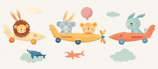 Isolated modern illustration of cute animals on planes.