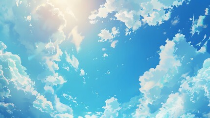 Vibrant blue sky adorned with fluffy white clouds, creating a dynamic and expansive atmosphere anime style