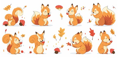 Set of cute squirrel characters, holding an acorn, a heart, and berries