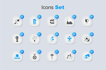 Set Vintage bicycle, Cotton candy, Popcorn cardboard box, Roller coaster, Circus ticket, tent, Magic wand and Firework rocket icon. Vector © Iryna