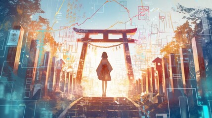 Japanese anime girl near a torii gate in a beautiful garden, stock market graphs overlay, clean white background, ideal for financial success visuals
