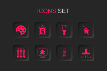 Set Paint spray, Picture, Palette, Feather and inkwell, bucket with brush, and Wax crayons for drawing icon. Vector