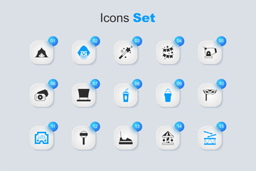 Set Attraction carousel, Cylinder hat, Clown head, Casino win, Drum with drum sticks, Festive mask, Circus tent and Paper glass water icon. Vector