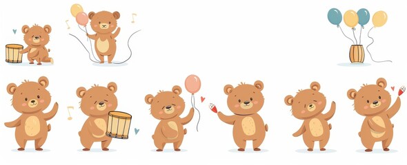 Cute cartoon bear character, cute cartoon teddy mascots, cute comic zoo animals in various poses, adorable furry grizzly. Modern flat set.