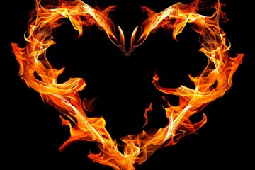 Burning heart symbol in fiery silhouette on dark background, isolated for dramatic effect