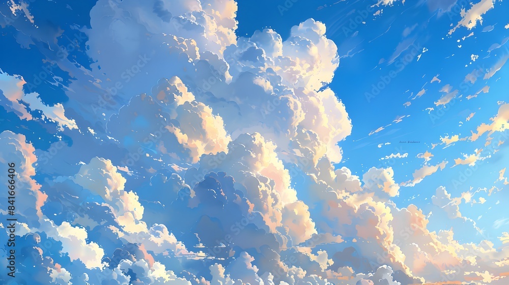 Wall mural vibrant blue sky adorned with fluffy white clouds, creating a dynamic and expansive atmosphere anime