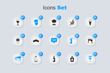 Set Perfume, French beret, Italian cook, Cheese, Carnival mask, Wine glass, and icon. Vector