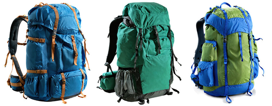 Set of hiking backpacks isolated on transparent background.