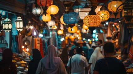 Fototapeta premium Lanterns lighting up a bustling market street at dusk, capturing the vibrant spirit of Ramadan