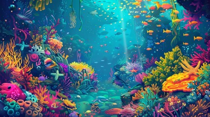 Fototapeta na wymiar Underwater landscape with fish and coral reef marine animals. Underwater bottom with seaweed, starfish, jellyfish and sunken ship.