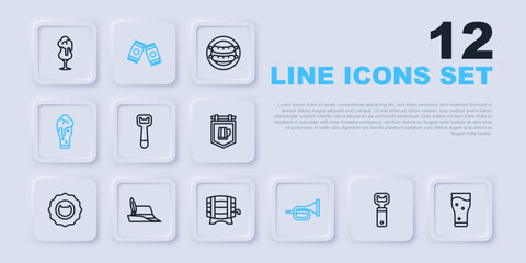 Set line Bottle opener, Glass of beer, Trumpet, Oktoberfest hat, Beer can and Wooden barrel on rack icon. Vector
