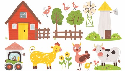 Agricultural and agricultural elements set. Collection of farm animals, agricultural machinery, mill, pickup, barn, tractor. Modern illustration.