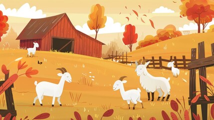 Animated cartoon illustration with farm animals and a landscape