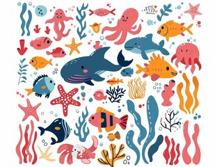 Cartoon modern illustration of marine animals and plants.