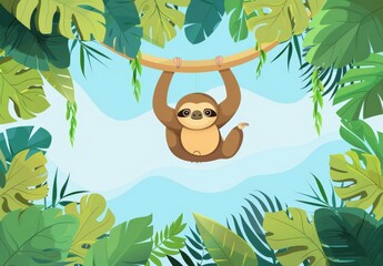 An empty banner with tropical leaves and a cartoon sloth
