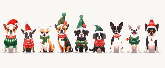 Christmas Pets Modern Set. Cute dogs with Santa hats and reindeer horns for the holidays. Modern illustration.